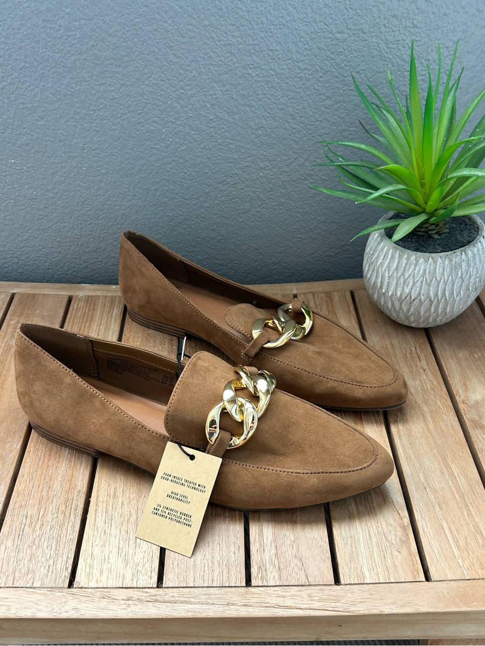 Loafers with Gold Chain Accent - Brown